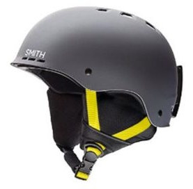 Grey rental helmet with yellow straps.